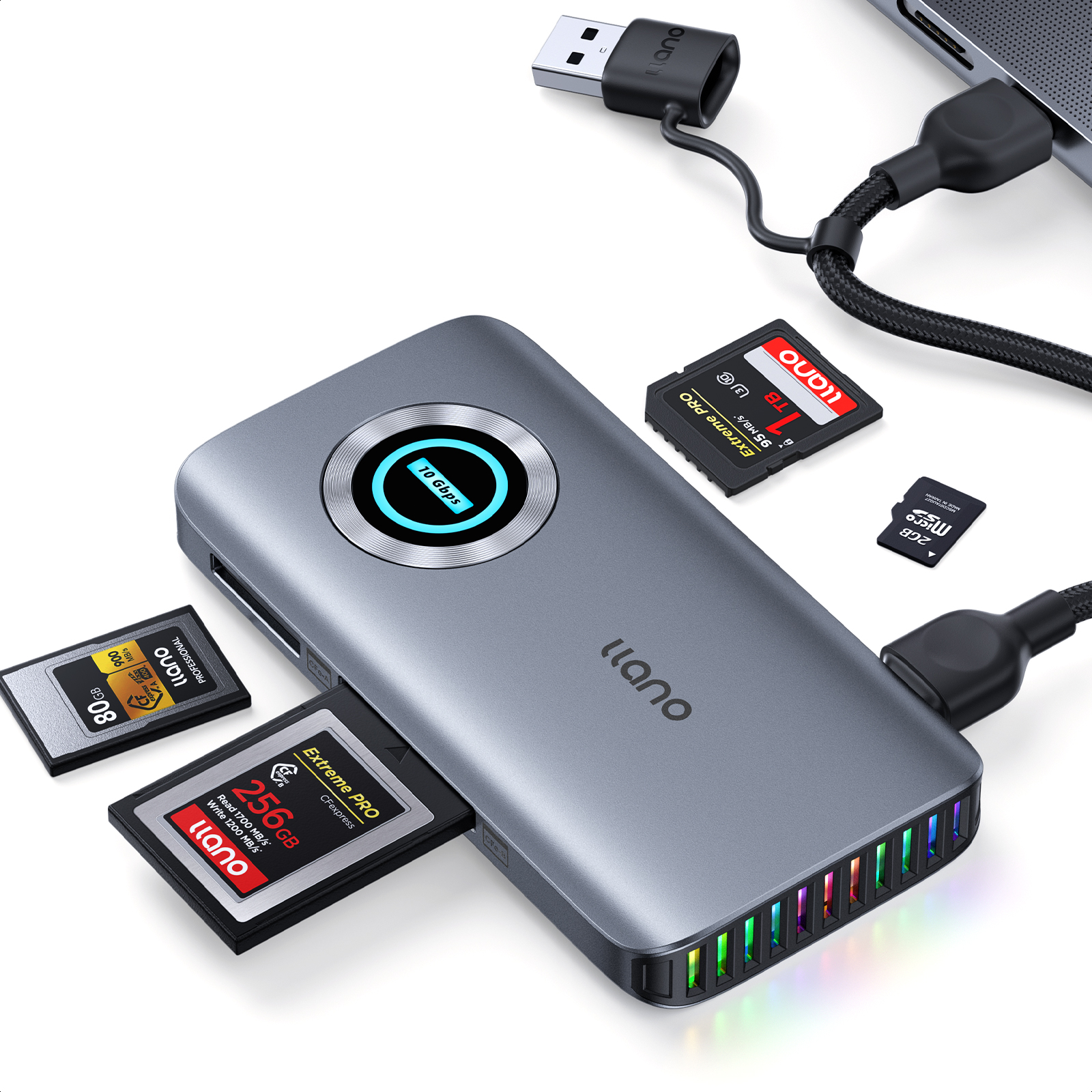 llano R604 CFexpress Typ-A/B Kartenleser mit RGB, USB 3.2 Gen 2 (10Gbps) 4-in-1 TF/Micro SD Kartenleser Adapter
